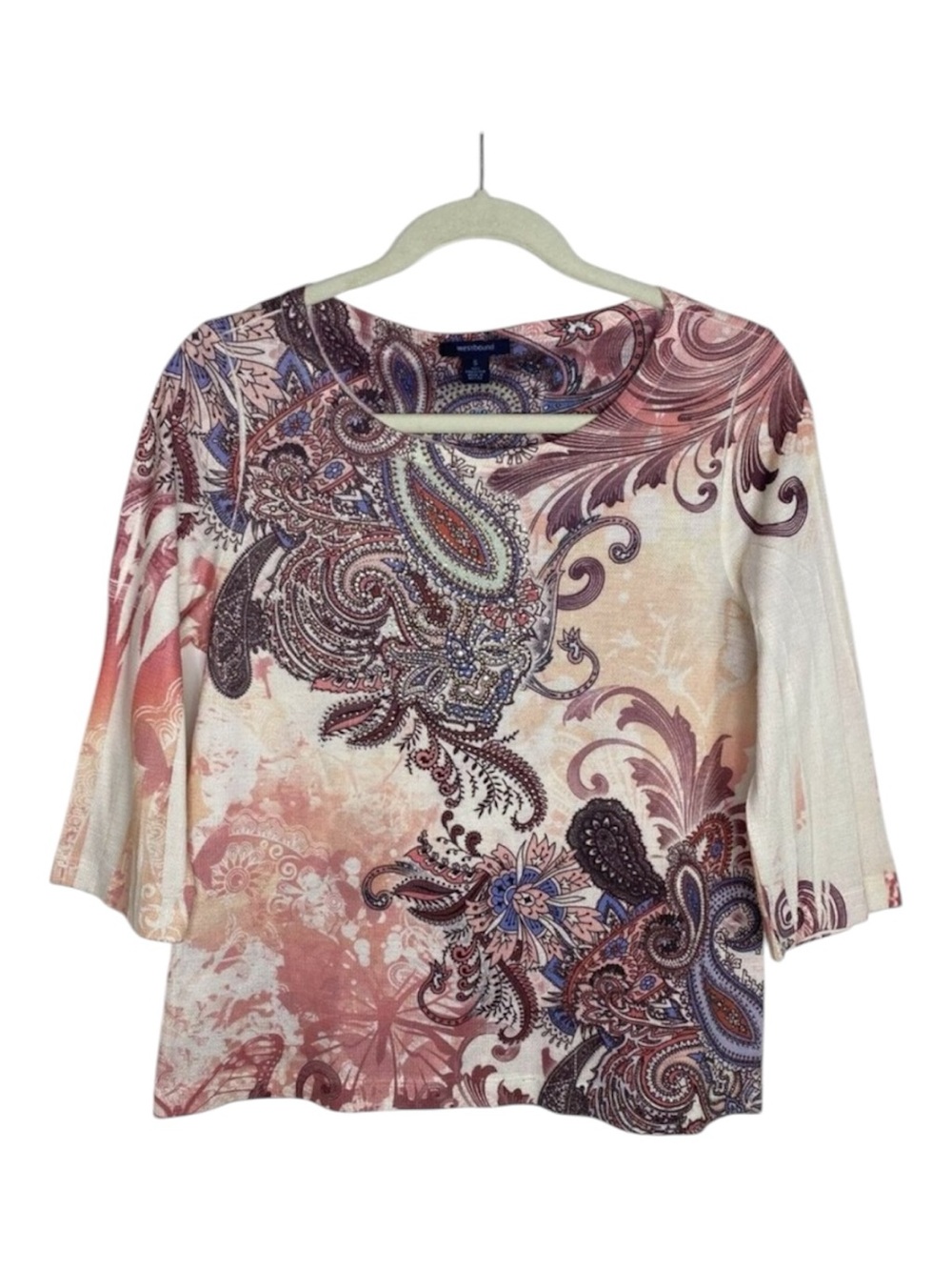 Westbound Paisley Scoop Neck 3/4 Sleeve Tee in Pink, Cream and Blue